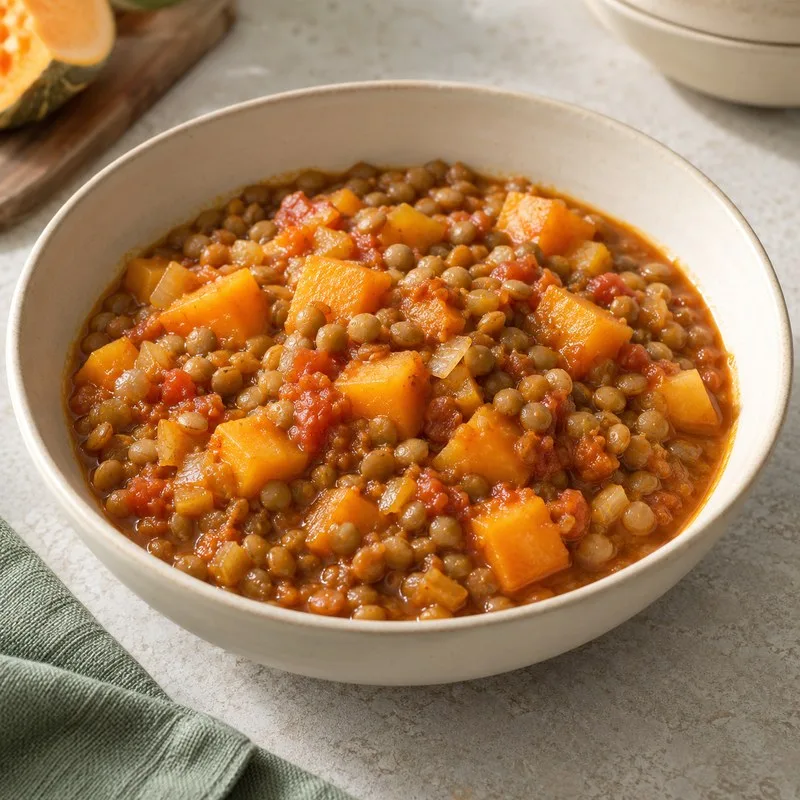 Ilustración de Lentejas con calabaza y curry