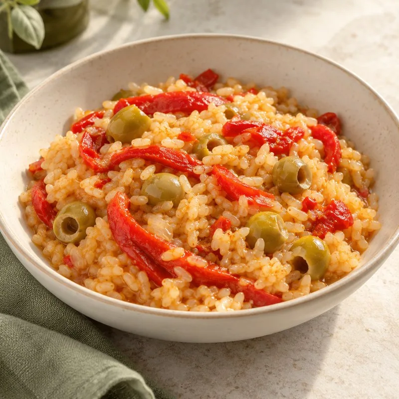 Ilustración de Arroz con pimiento asado y aceitunas
