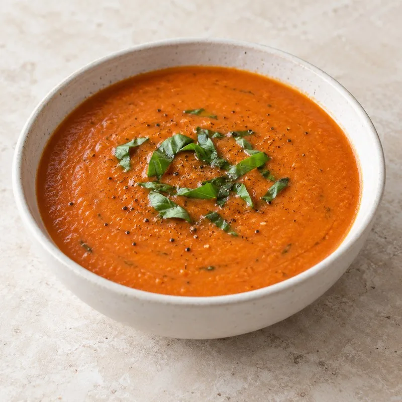 Ilustración de Sopa cremosa de tomate y albahaca