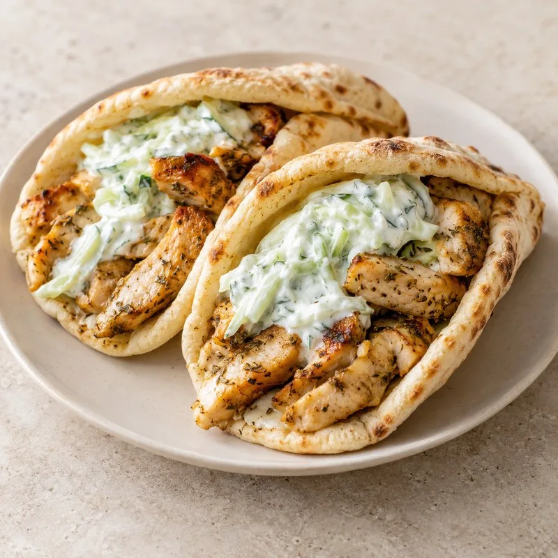 Ilustración de Gyros de pollo con pita y tzatziki