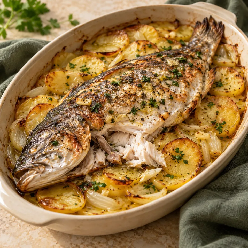 Ilustración de Corvina al horno con patatas