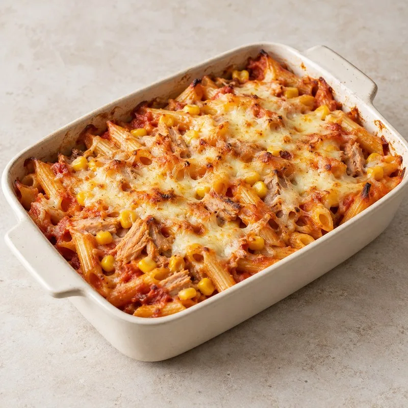 Ilustración de Pasta al horno con atún y maíz