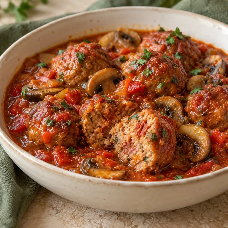 Ilustración de Albóndigas de chorizo en salsa de tomate y champiñones