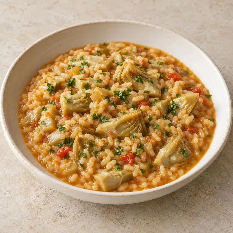 Ilustración de Arroz meloso con alcachofas