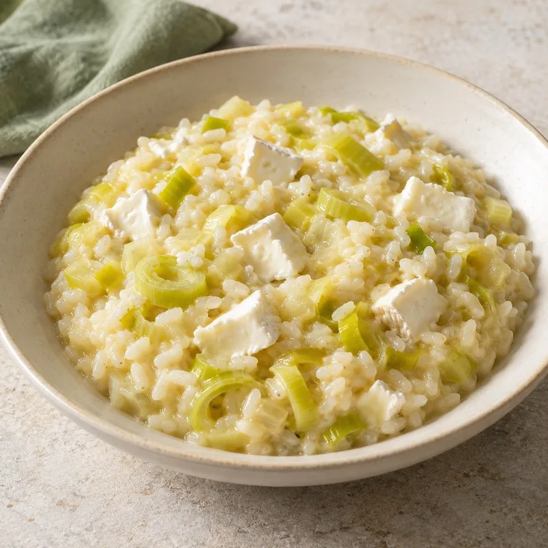 Ilustración de Arroz con puerro y queso de cabra