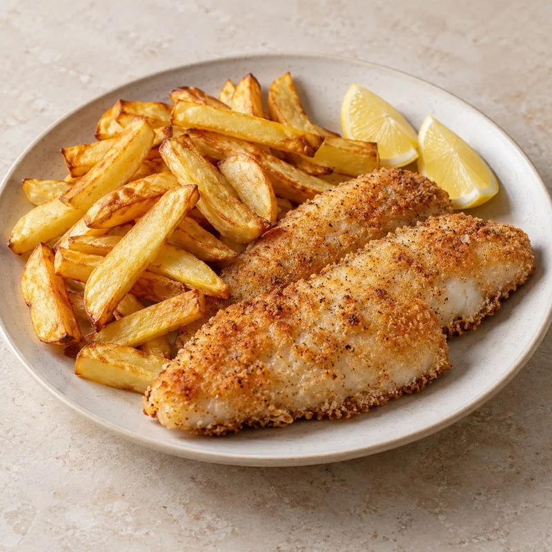 Ilustración de Pescado empanado con patatas en dos cubetas