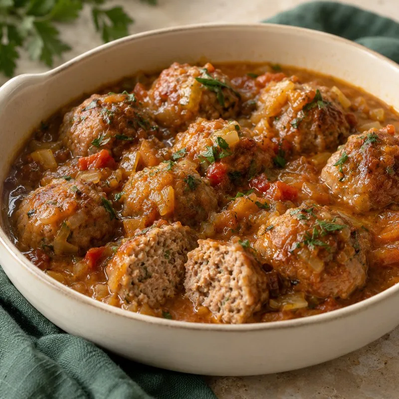 Ilustración de Albóndigas de ternera en salsa de verduras al jerez