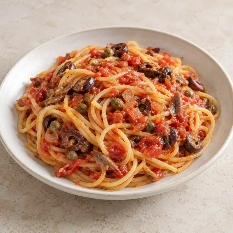 Ilustración de Pasta con salsa putanesca