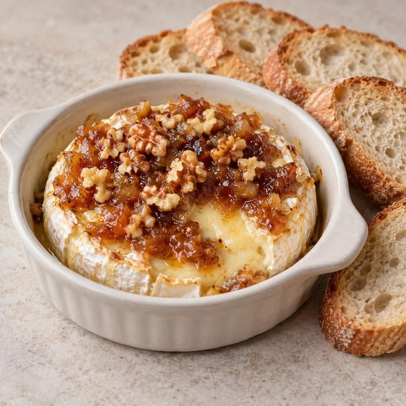 Ilustración de Brie caliente con nueces y chutney