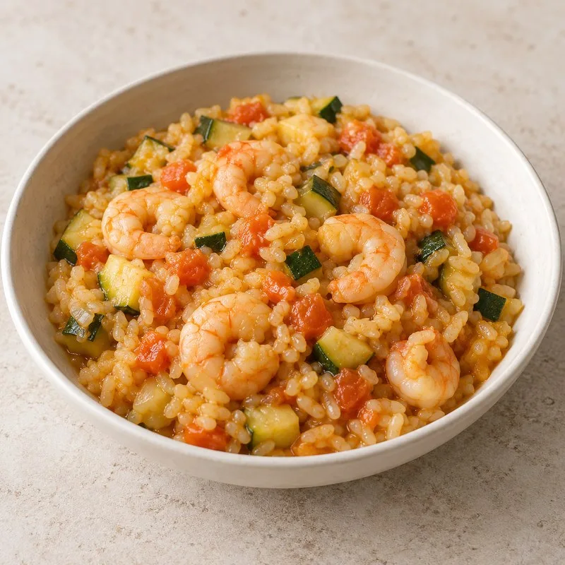 Ilustración de Arroz con gambas cocidas