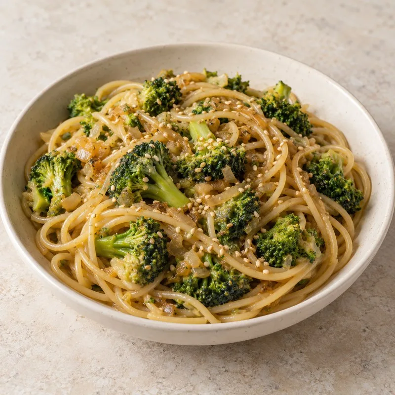 Ilustración de Pasta con brócoli y soja