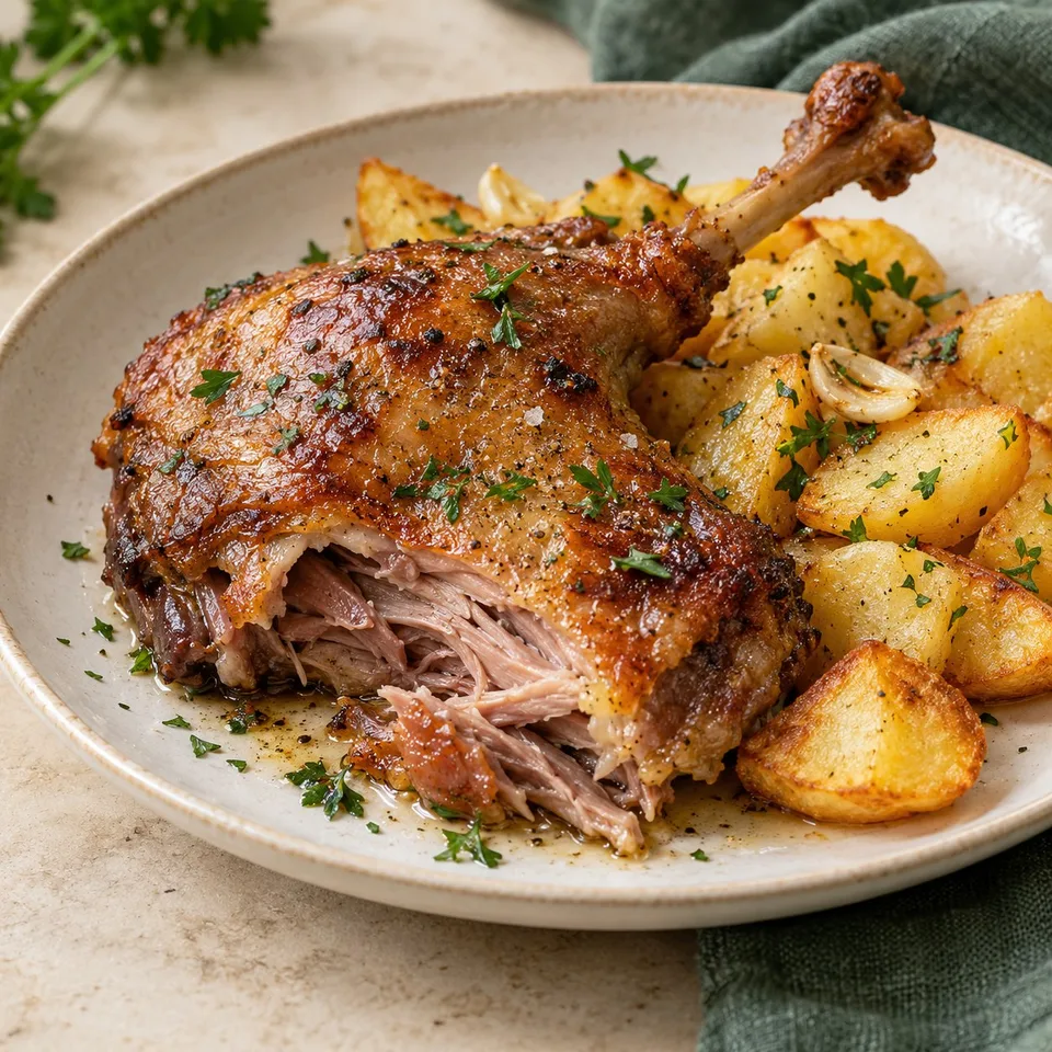 Ilustración de Confit de pato con patatas