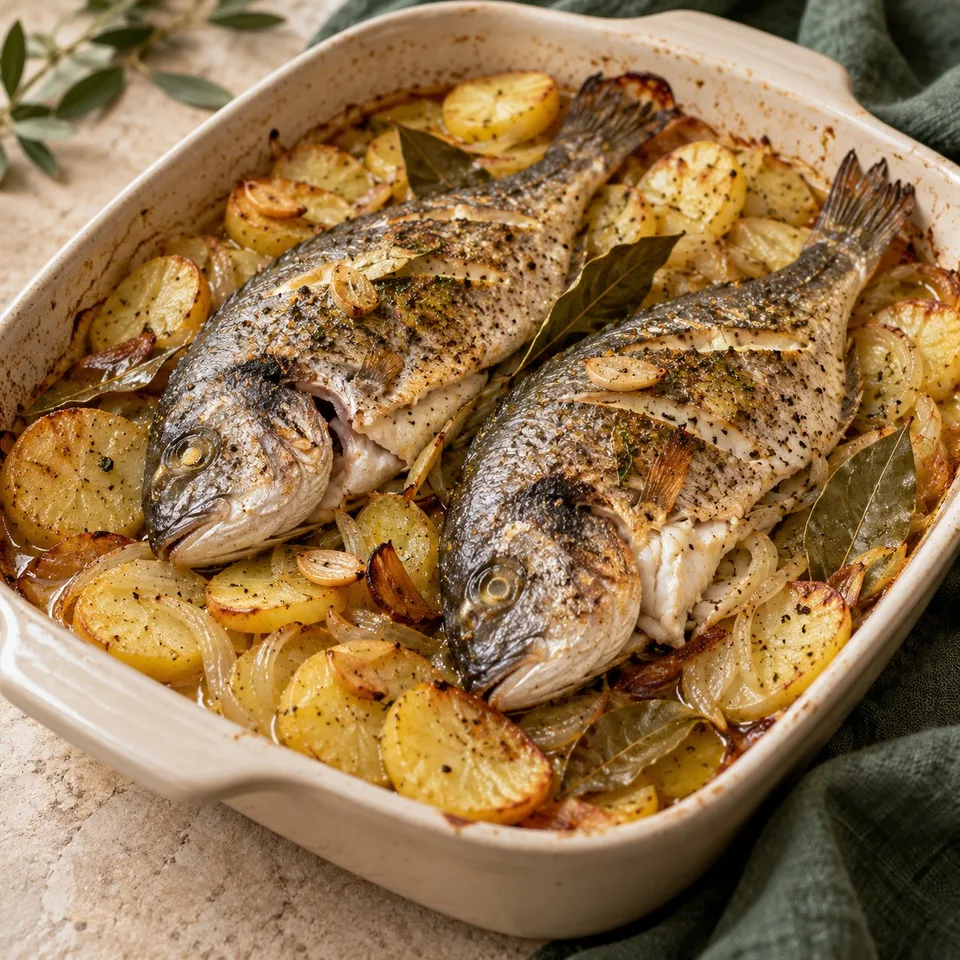 Ilustración de Dorada al horno con patatas