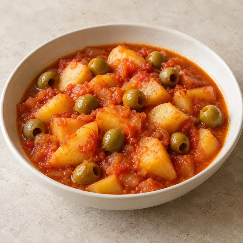 Ilustración de Patatas con tomate y aceitunas
