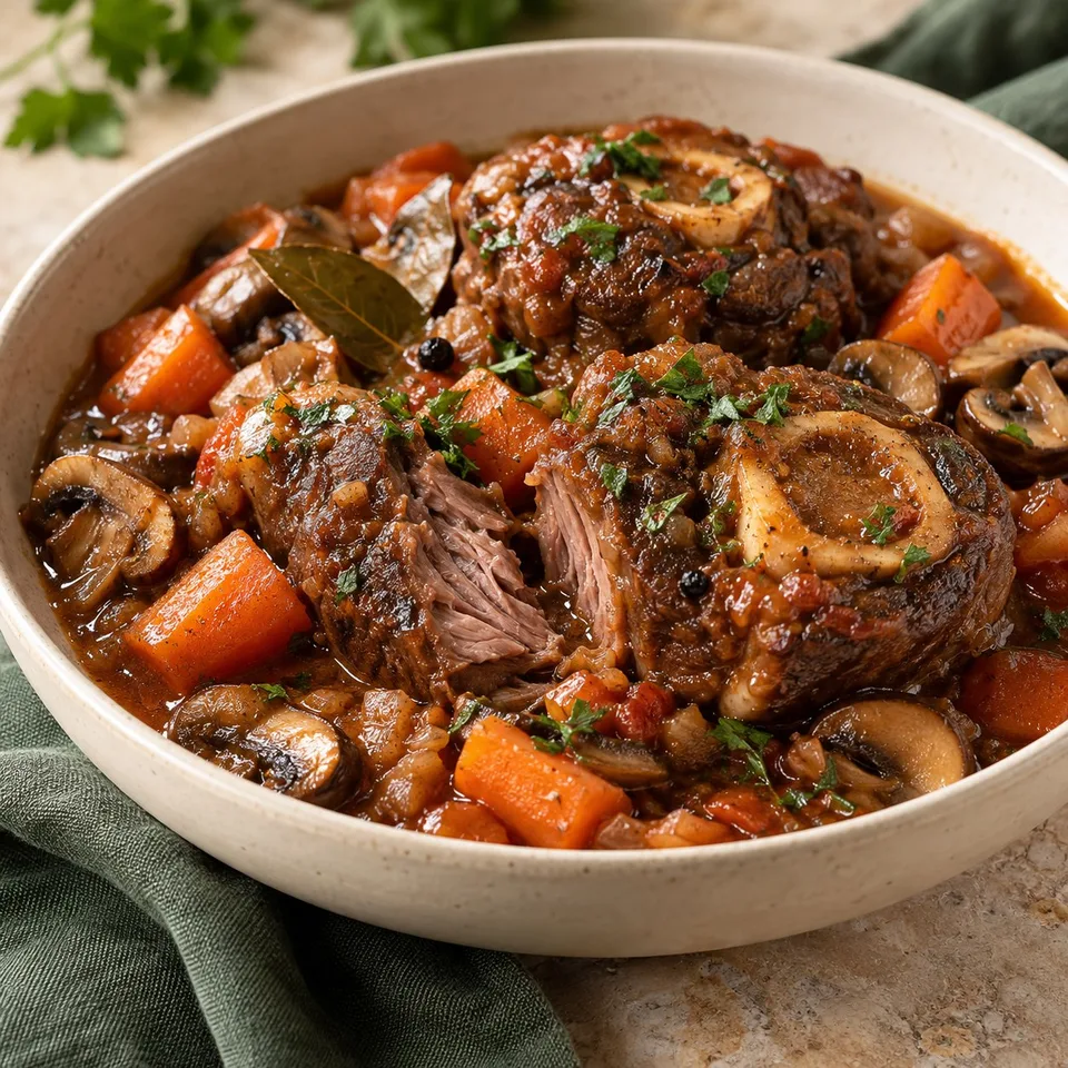 Ilustración de Ossobuco estofado con setas y zanahorias