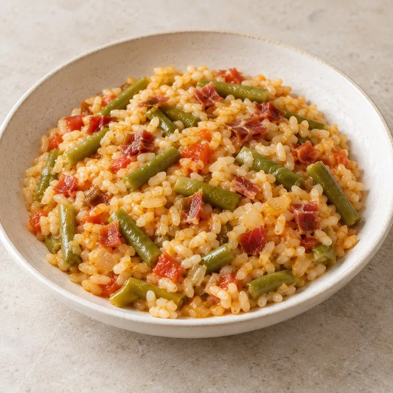 Ilustración de Arroz con judías verdes y jamón