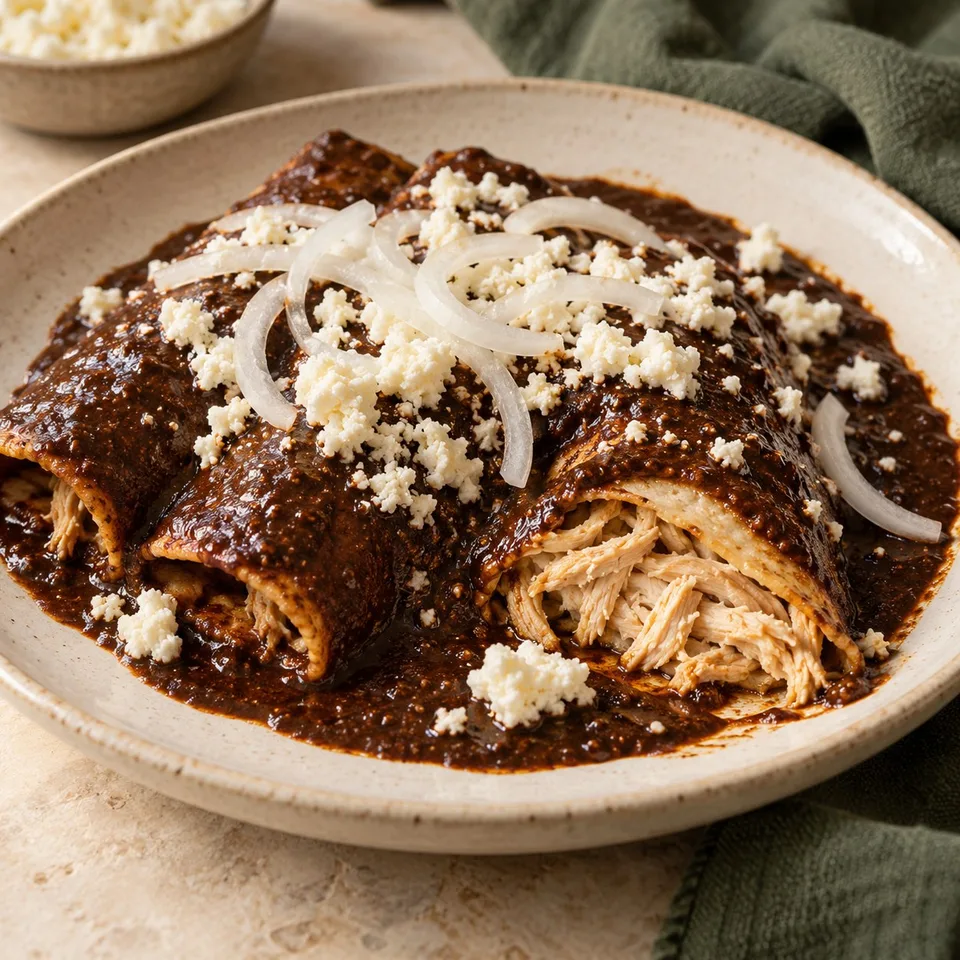 Ilustración de Enchiladas de pollo con mole poblano